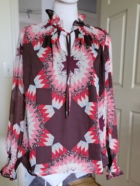 Loft Women’s Pink Multi-Pattern Long Sleeve Blouse
